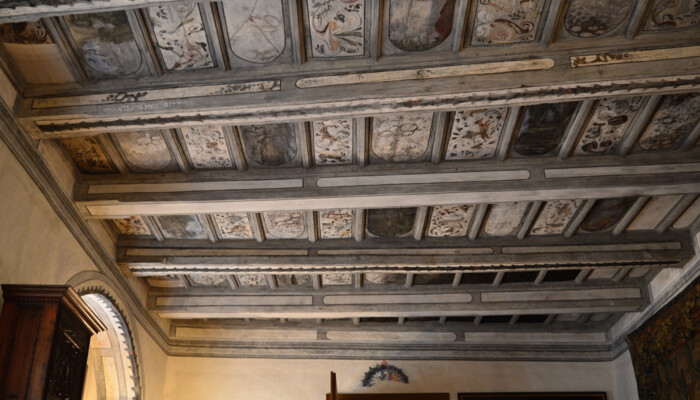 Restored wooden ceiling in the north-east wing.